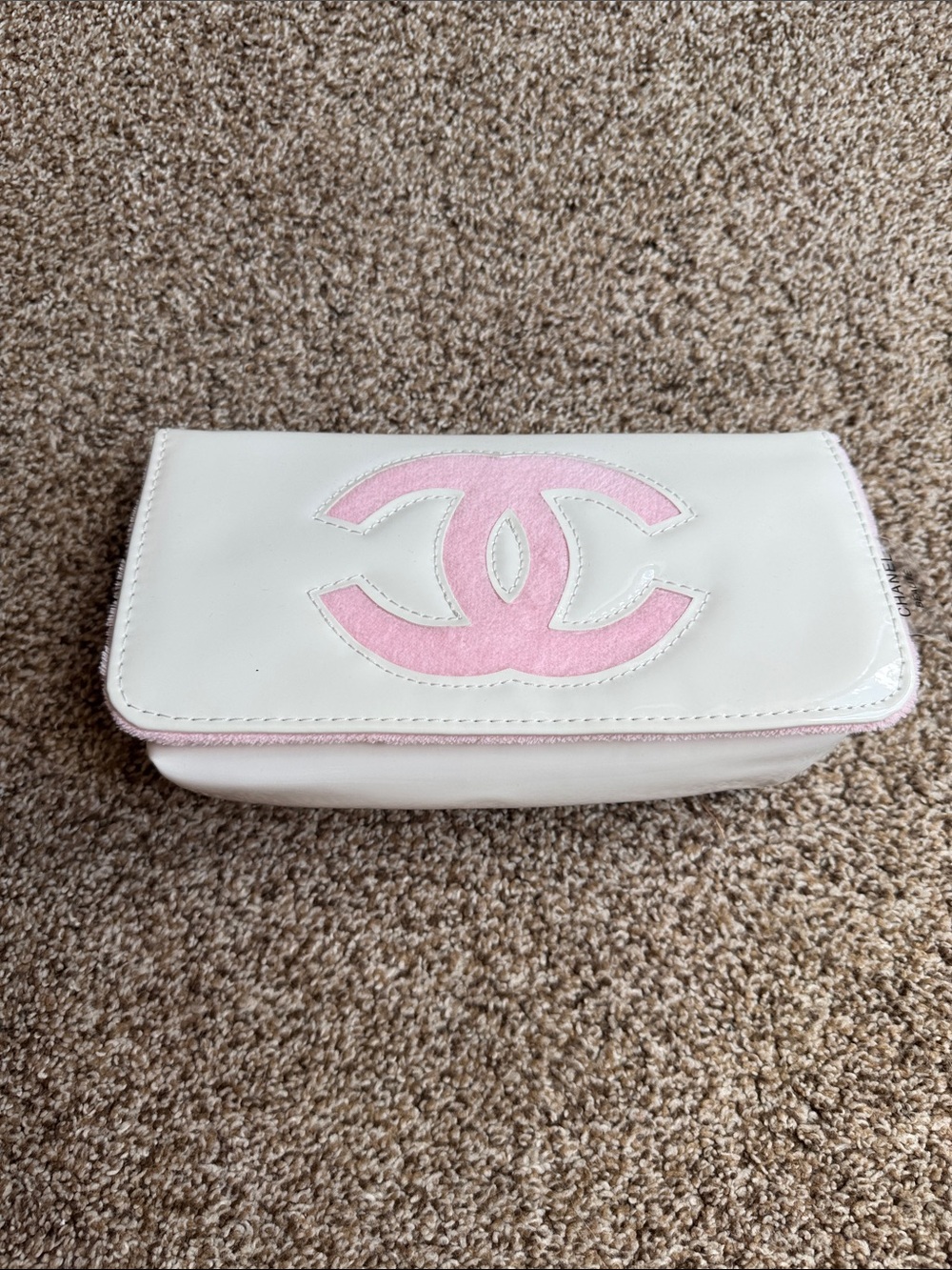 CHANEL White Cosmetic Case with Pink Logo Accent including silver chain